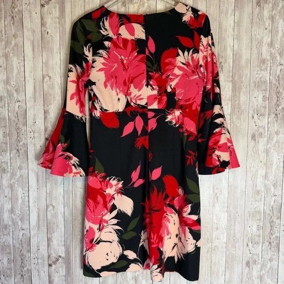 Trina Turk 'Sena' Black Pink Floral Bell Sleeve V-Neck Ponte Dress 8 - Picture 7 of 10